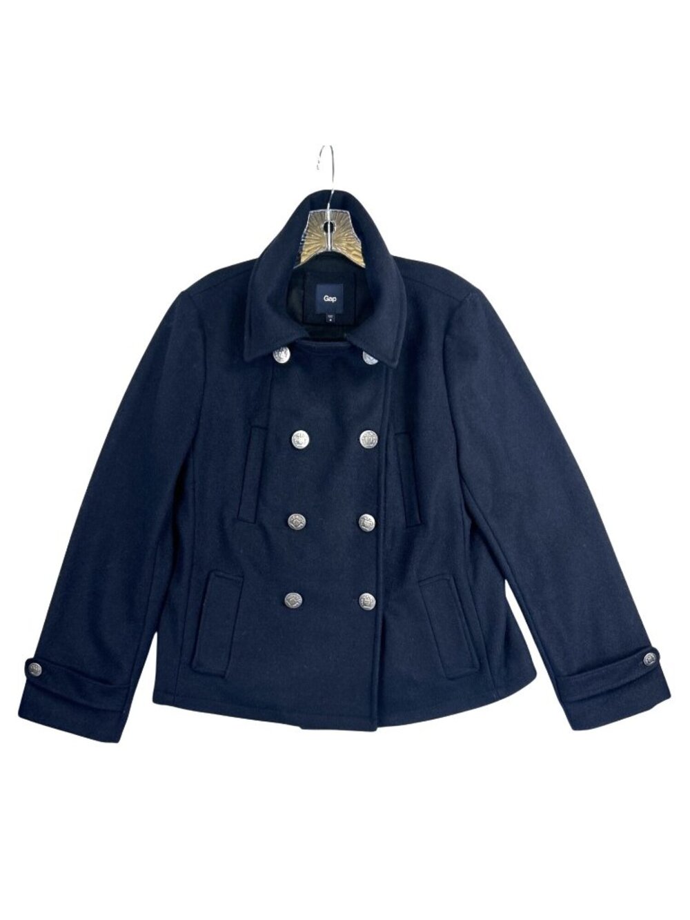 Gap Women’s M Navy Blue Wool Double Breasted Peacoat Crest Buttons Preppy - Picture 4 of 15